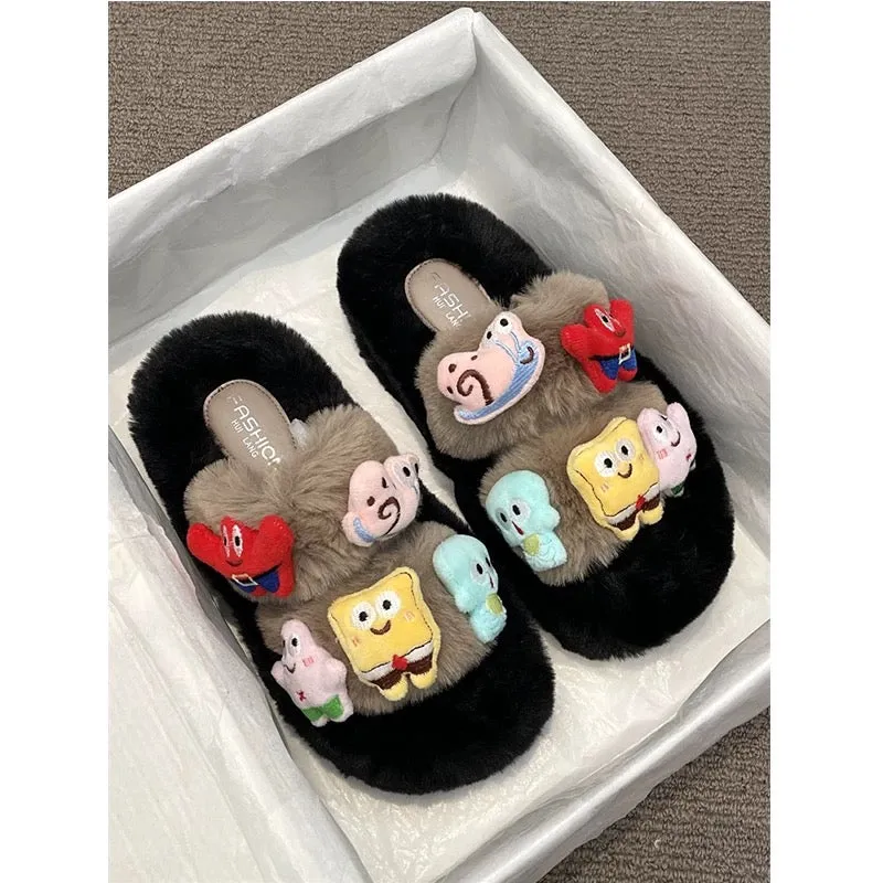 Thick-soled cute cartoon sponge fur slippers for women 2024 autumn new style comfortable and warm home one-word cotton slippers