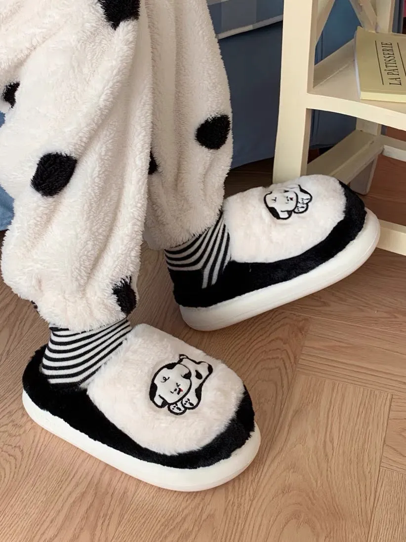 Thin strips Couple's cute black and white ins puppy cotton slippers for men and women in autumn and winter with heel and warm ho