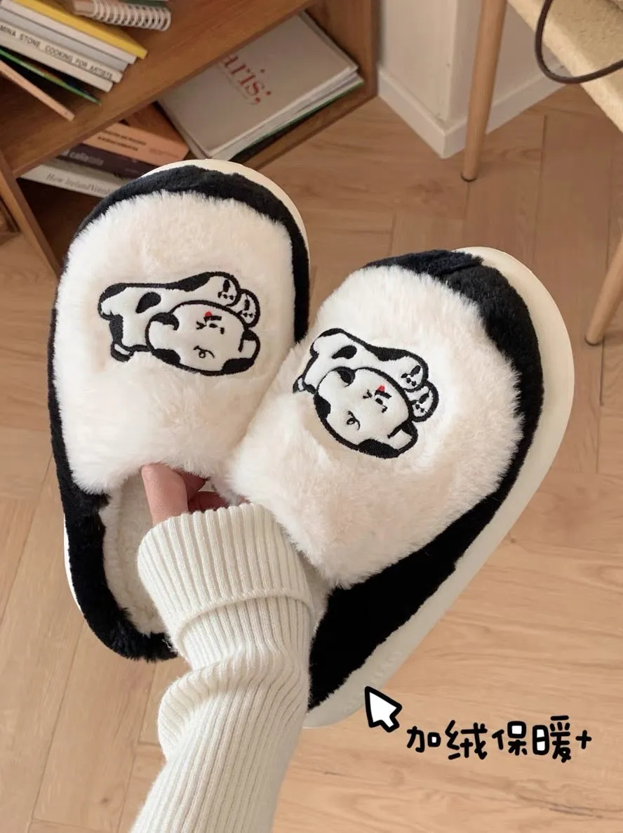 Thin strips Couple's cute black and white ins puppy cotton slippers for men and women in autumn and winter with heel and warm ho