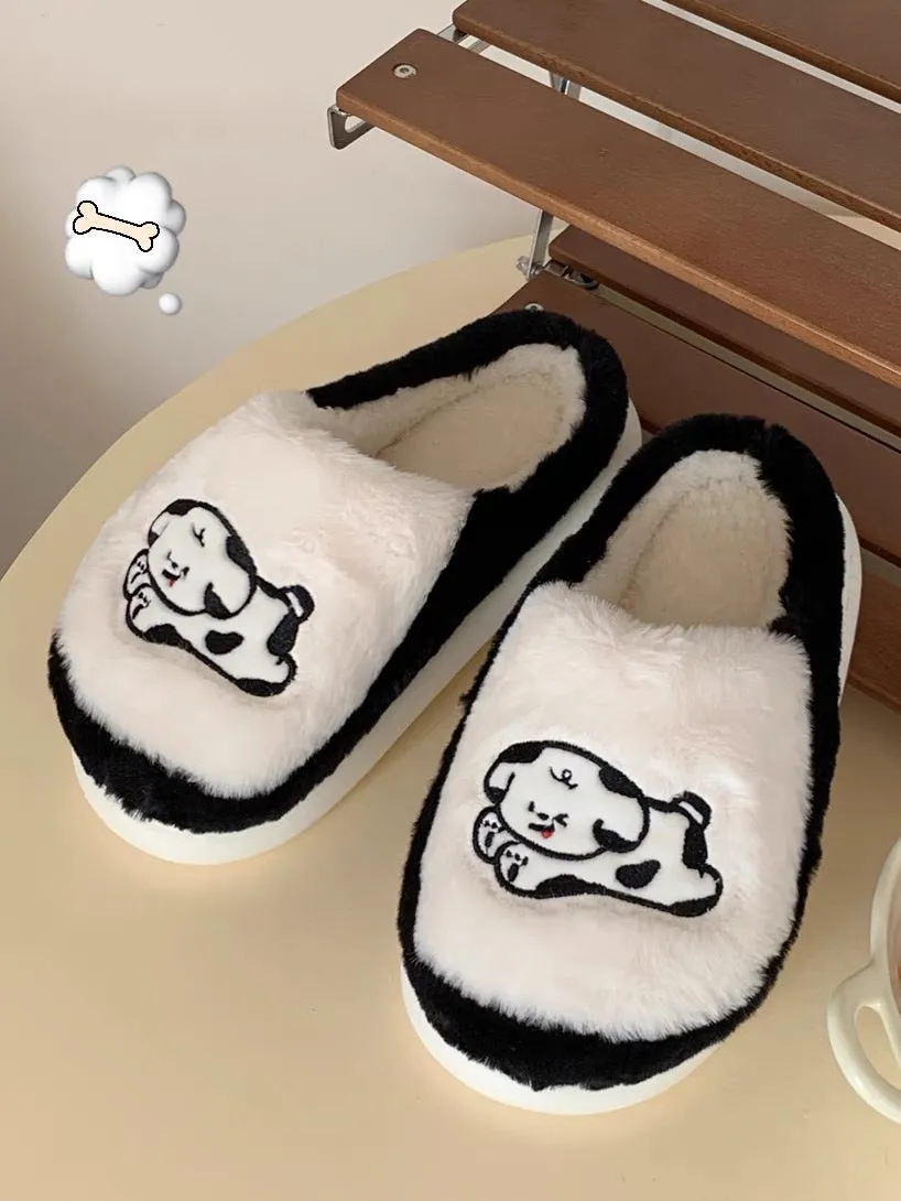 Thin strips Couple's cute black and white ins puppy cotton slippers for men and women in autumn and winter with heel and warm ho