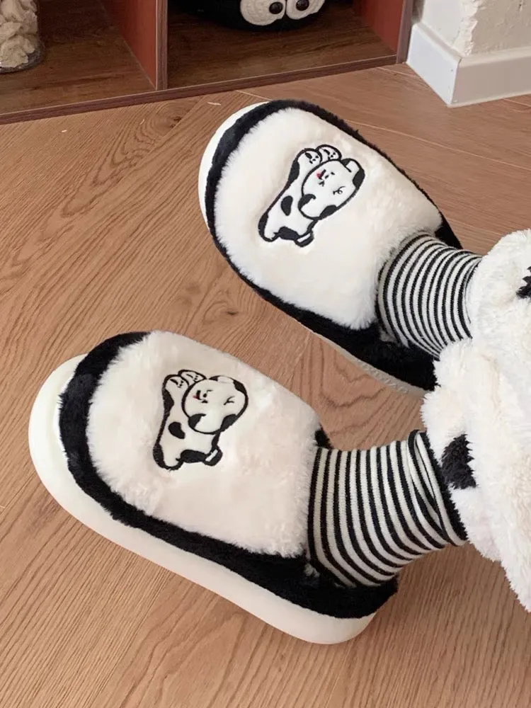 Thin strips Couple's cute black and white ins puppy cotton slippers for men and women in autumn and winter with heel and warm ho