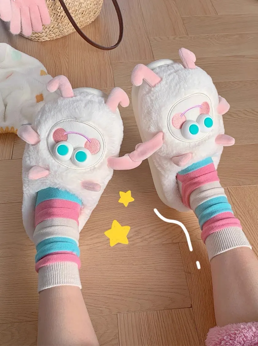 Thin strips of cute cartoon little monster cotton slippers for women winter ins student indoor warm plush confinement shoes