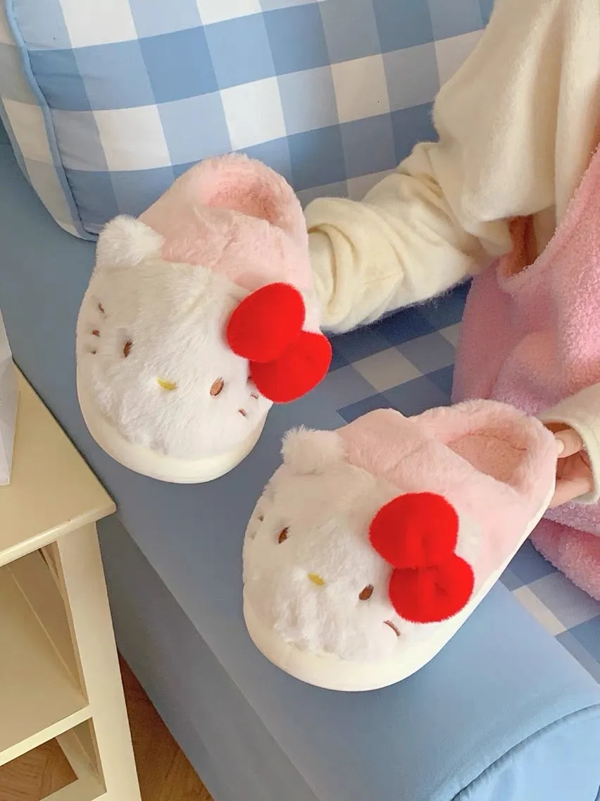 Thin strips of genuine KT cat cotton slippers in winter cute girly heart confinement shoes warm bag heel thick-soled furry shoes