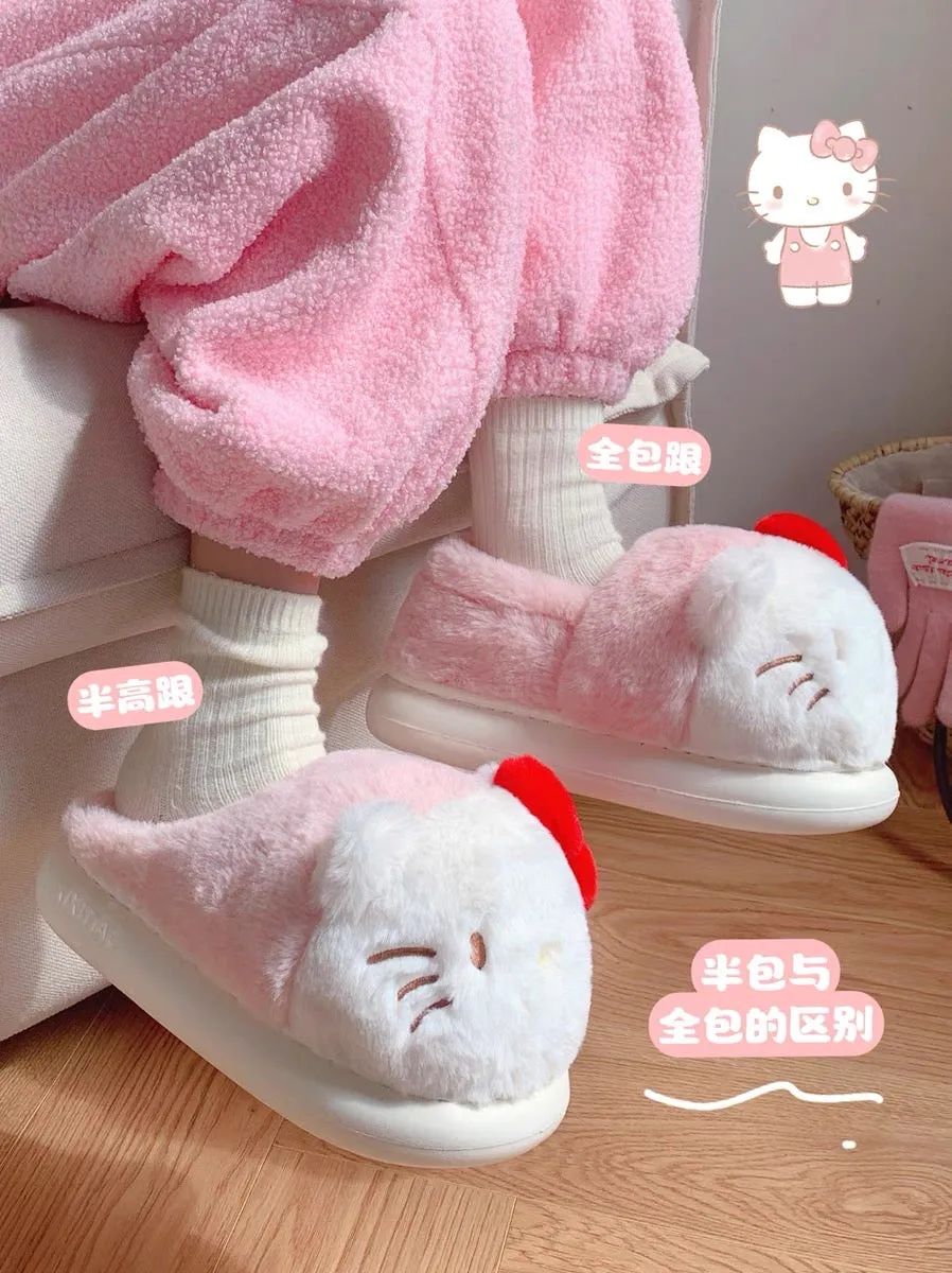 Thin strips of genuine KT cat cotton slippers in winter cute girly heart confinement shoes warm bag heel thick-soled furry shoes