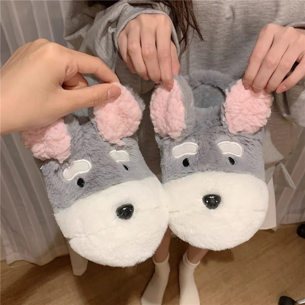 Thin strips of winter soft-soled non-slip warm student home furry shoes for women ins Japanese cute dog cotton slippers