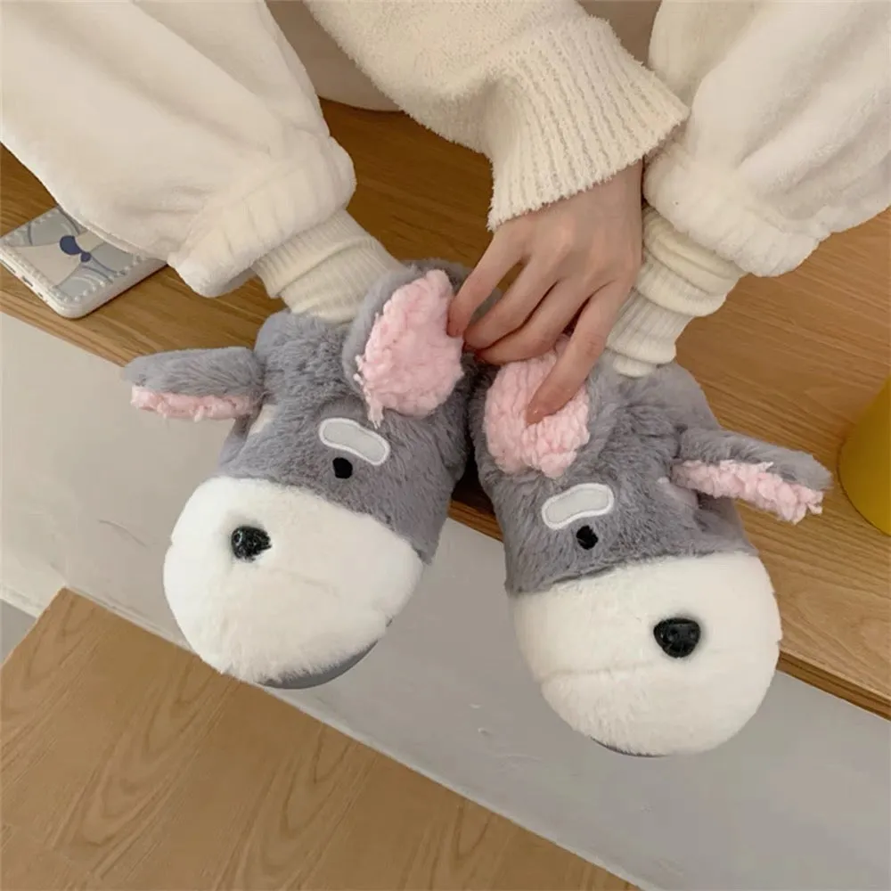 Thin strips of winter soft-soled non-slip warm student home furry shoes for women ins Japanese cute dog cotton slippers