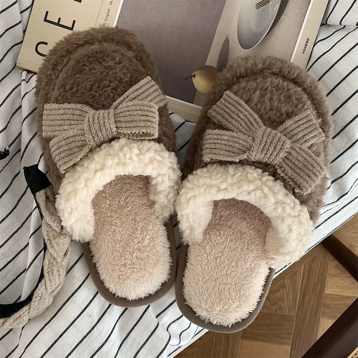 Thin strips retro ins couple cotton slippers for women winter new Korean style fashion home non-slip warm plush shoes for men