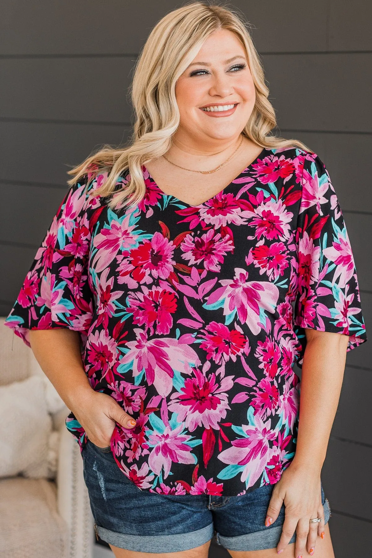 Floral Knit Top in Black & Fuchsia