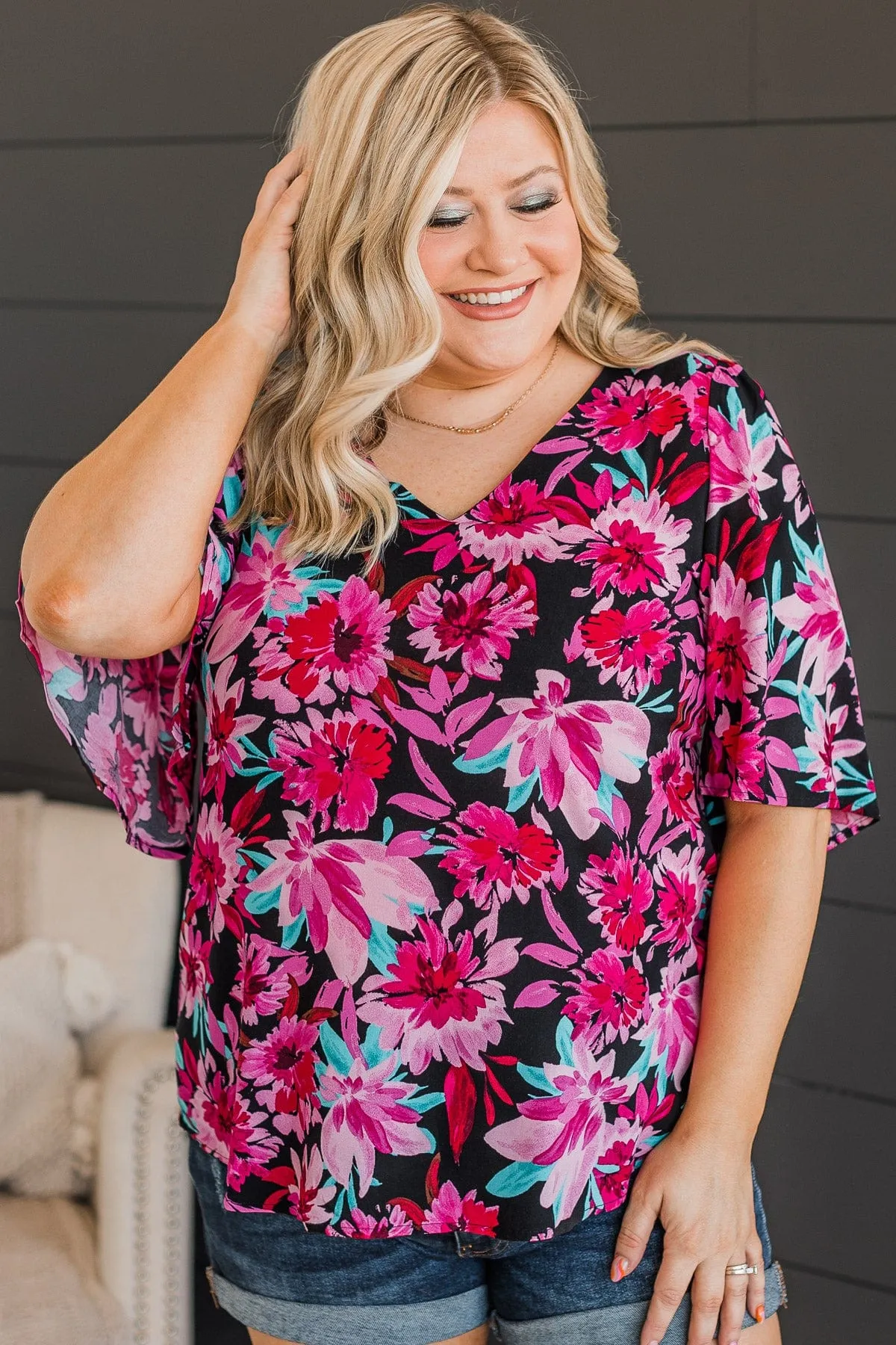 Floral Knit Top in Black & Fuchsia