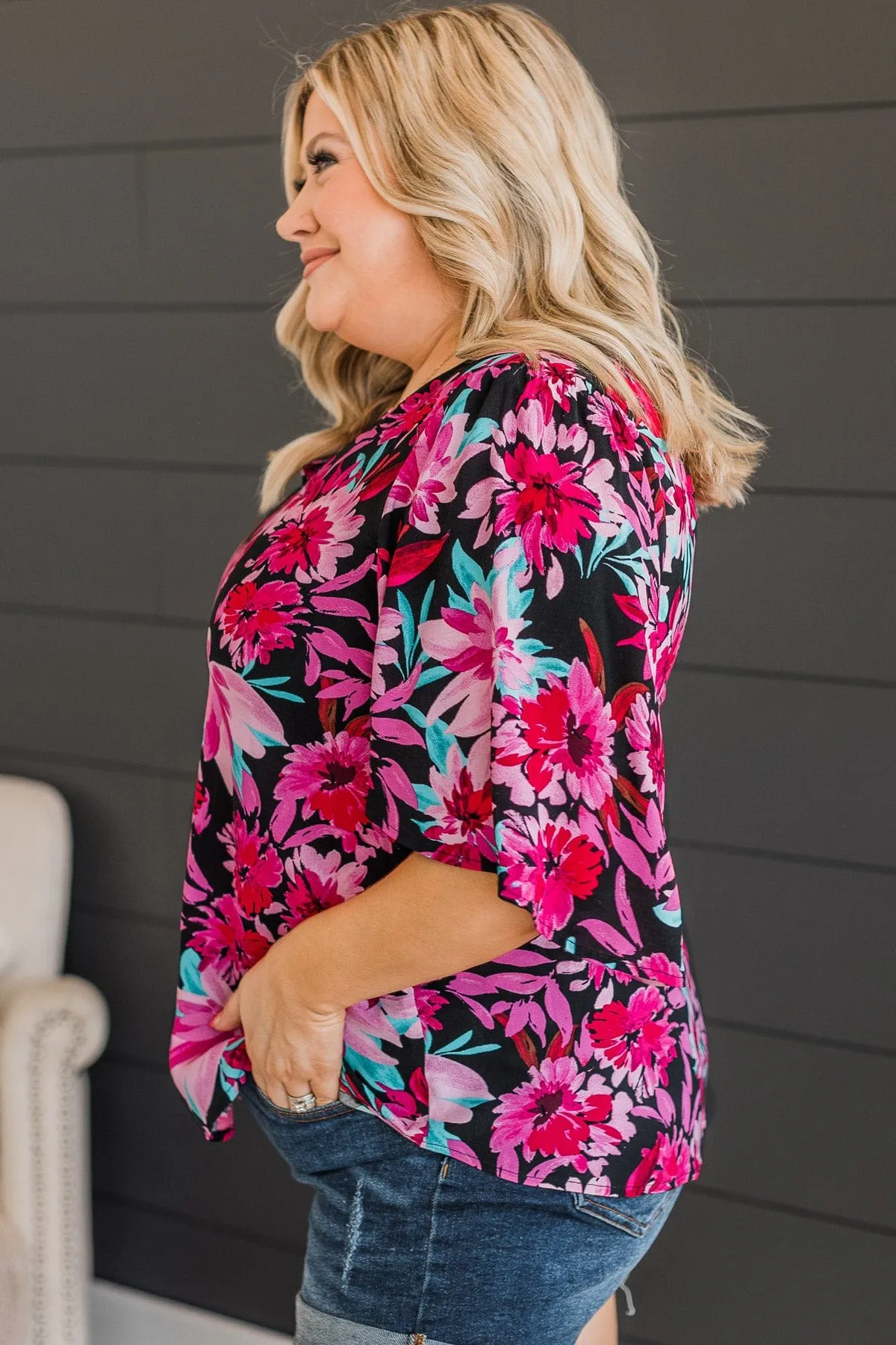 Floral Knit Top in Black & Fuchsia