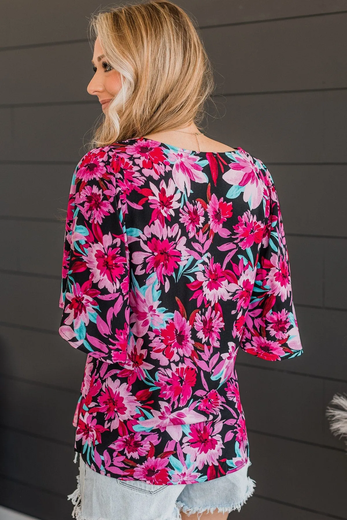 Floral Knit Top in Black & Fuchsia