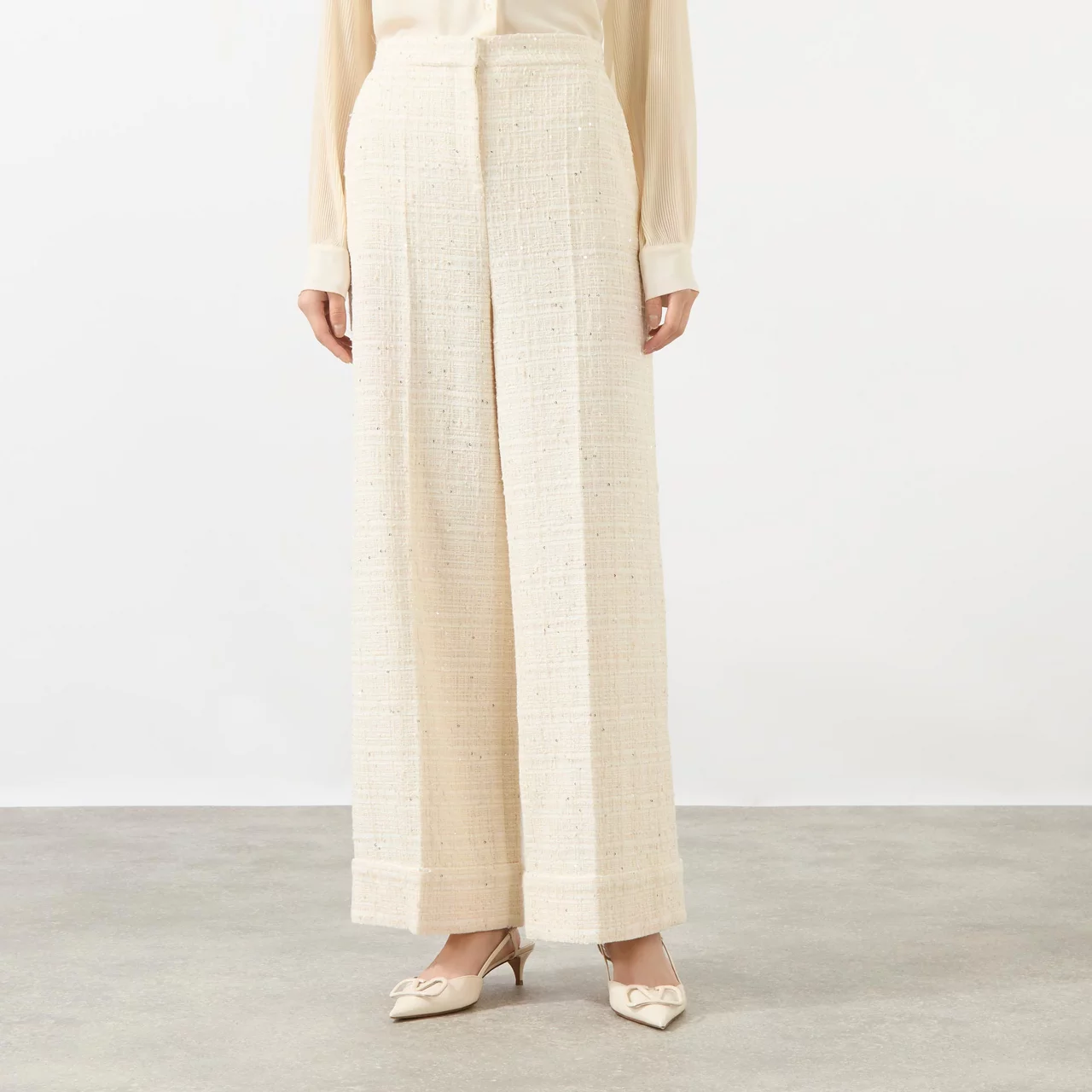 VALENTINO High-Rise Wide Leg Tweed Trousers - Natural