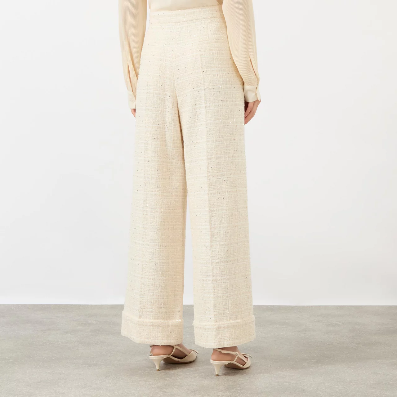 VALENTINO High-Rise Wide Leg Tweed Trousers - Natural