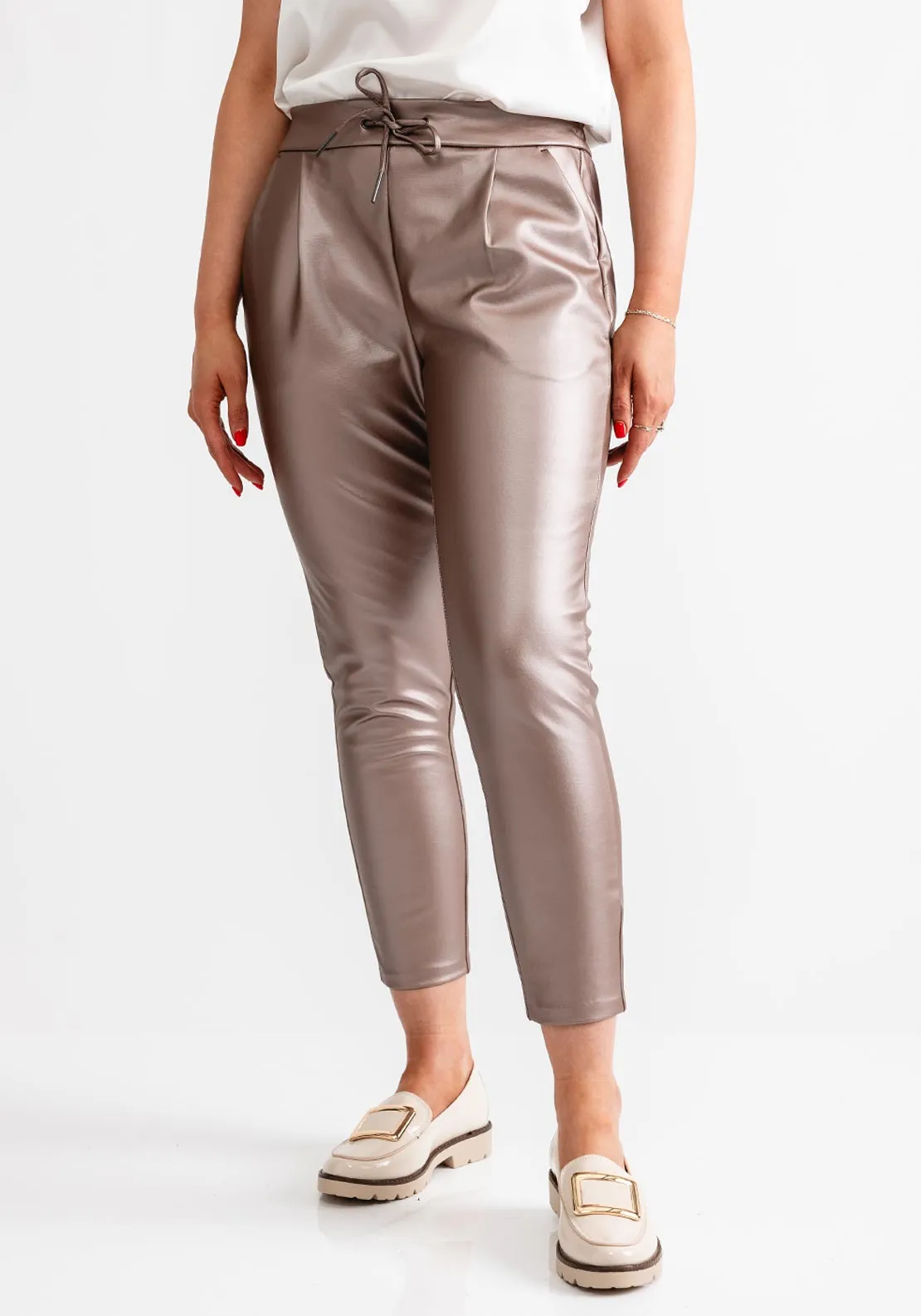 Vero Moda Eva Faux Metallic Leather Trousers, Pink