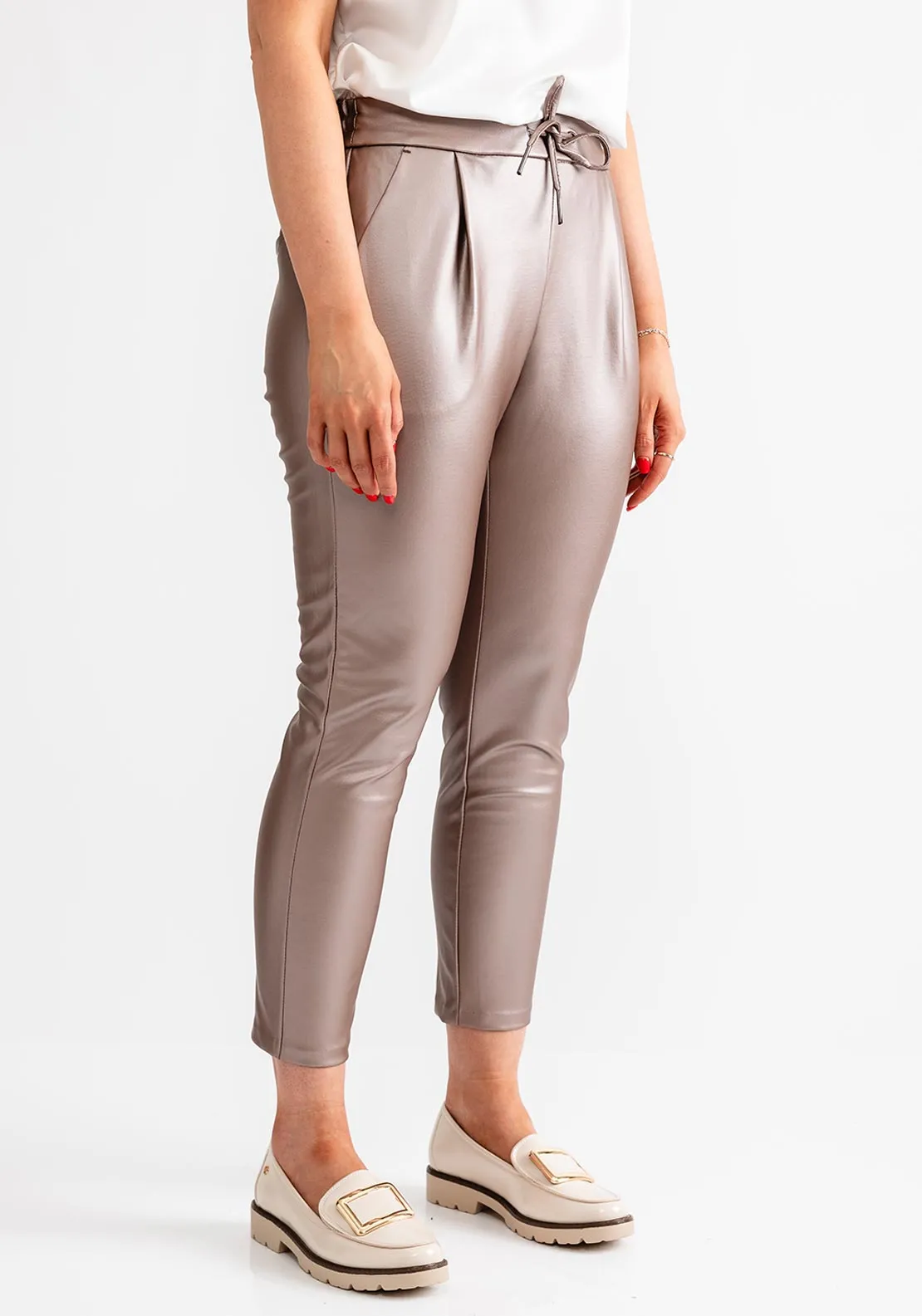 Vero Moda Eva Faux Metallic Leather Trousers, Pink