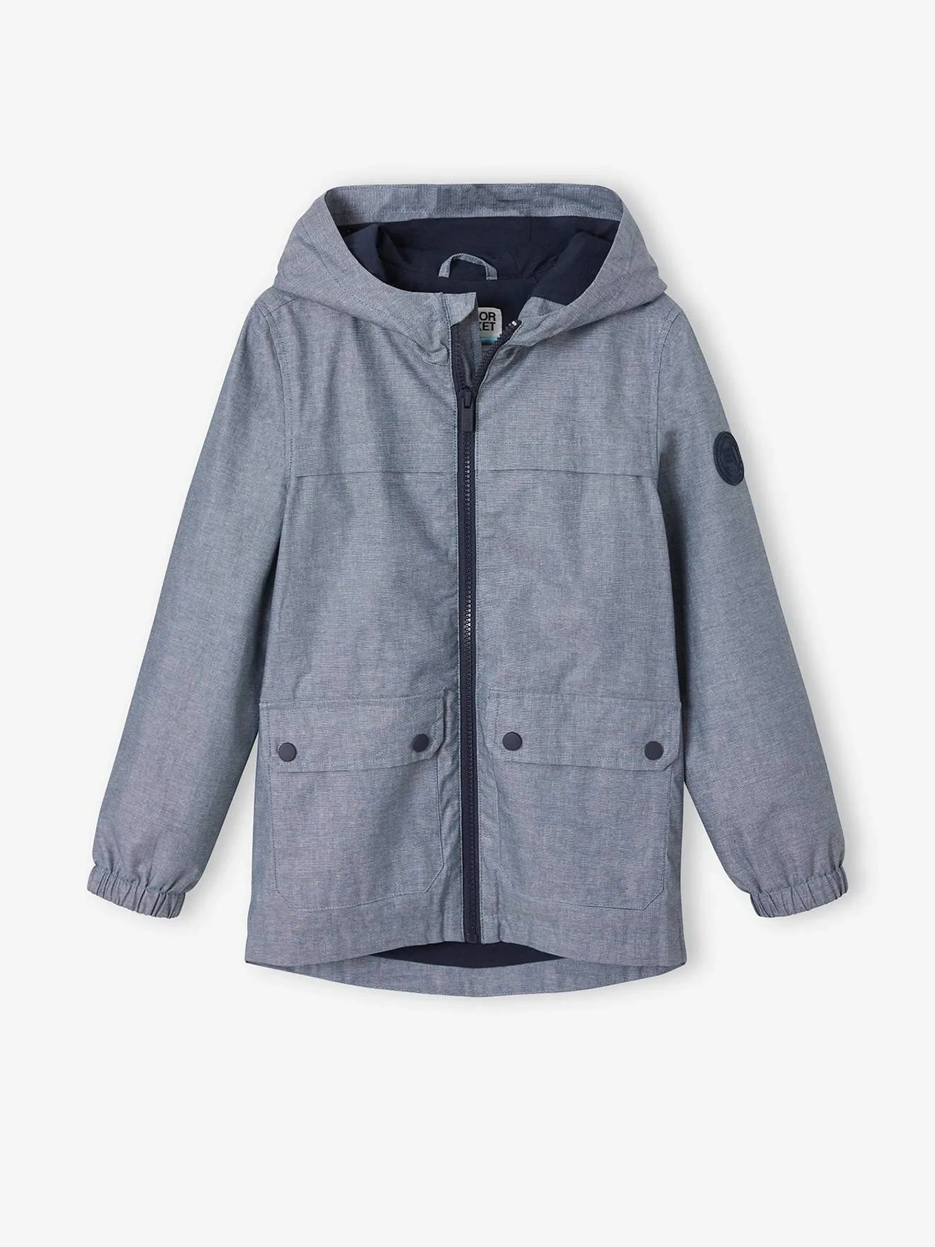 Water-Repellent Windcheater with Hood, in Chambray, for Boys - blue medium solid with design