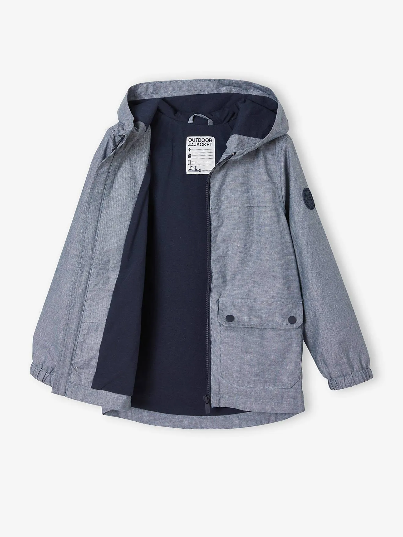 Water-Repellent Windcheater with Hood, in Chambray, for Boys - blue medium solid with design