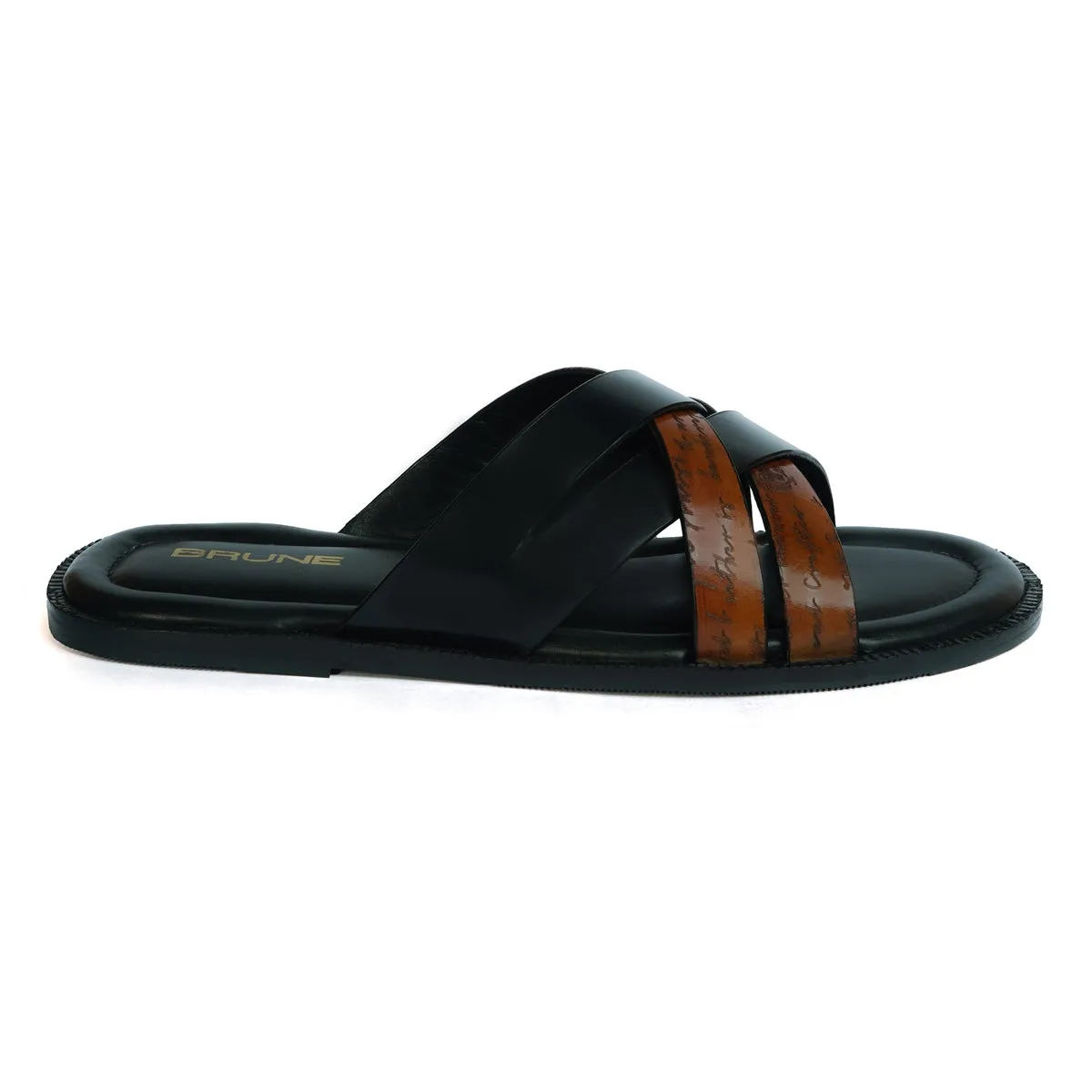 Welt Slide In Slippers with Laser Engraved Tan And Black Intertwined Thin Straps Leather