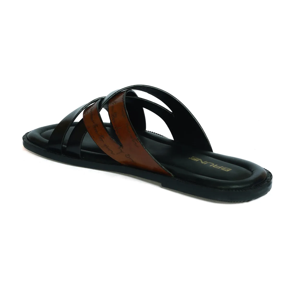 Welt Slide In Slippers with Laser Engraved Tan And Black Intertwined Thin Straps Leather