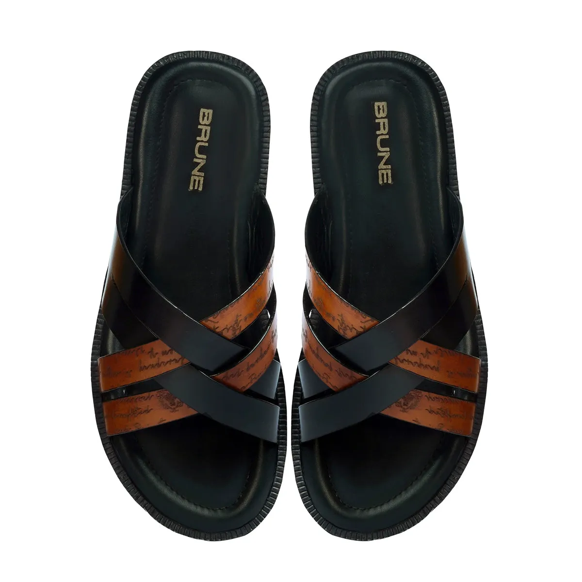 Welt Slide In Slippers with Laser Engraved Tan And Black Intertwined Thin Straps Leather