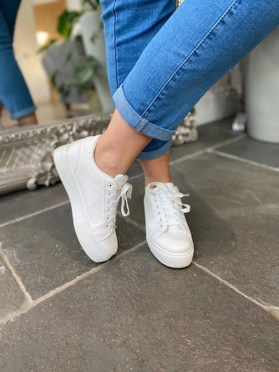 White Platform Sneakers with Stitched Detail