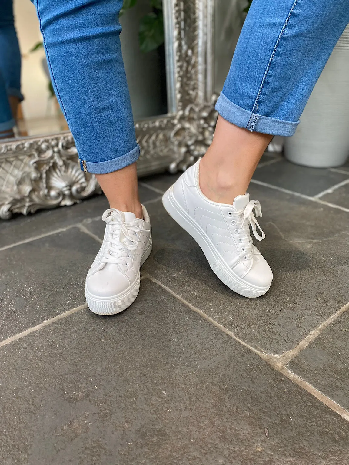 White Platform Sneakers with Stitched Detail