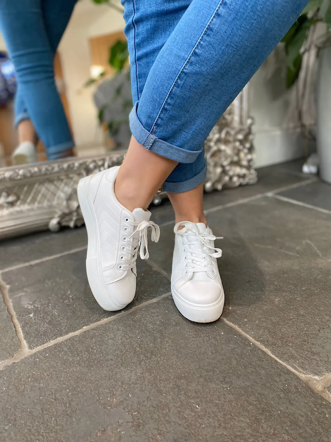 White Platform Sneakers with Stitched Detail