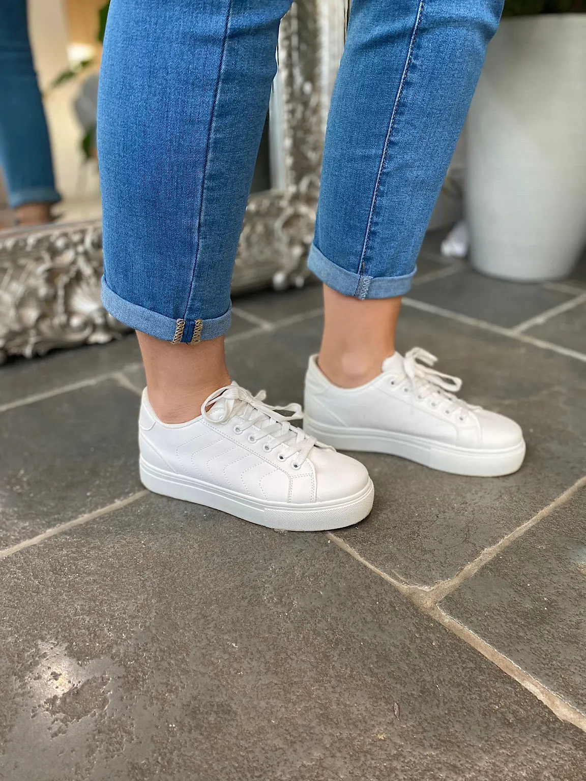 White Platform Sneakers with Stitched Detail