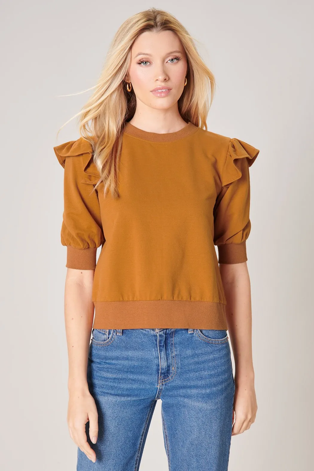 Winnie Ruffle Sleeve French Terry Knit Sweatshirt Top