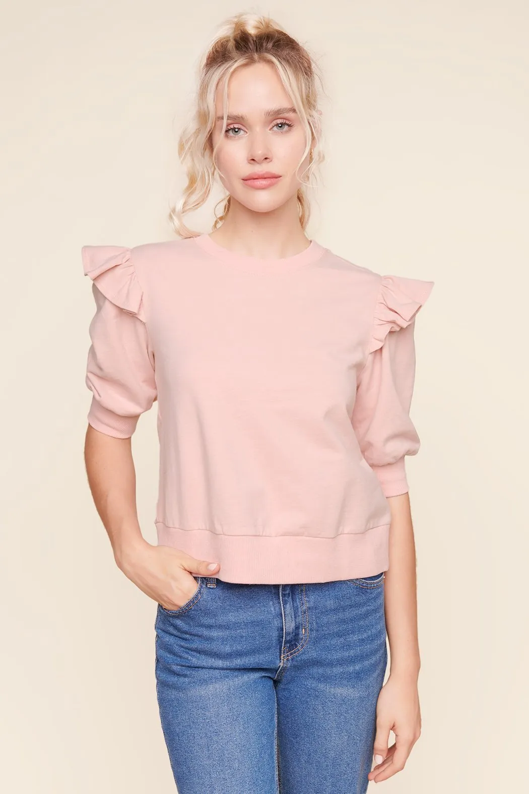 Winnie Ruffle Sleeve French Terry Knit Sweatshirt Top