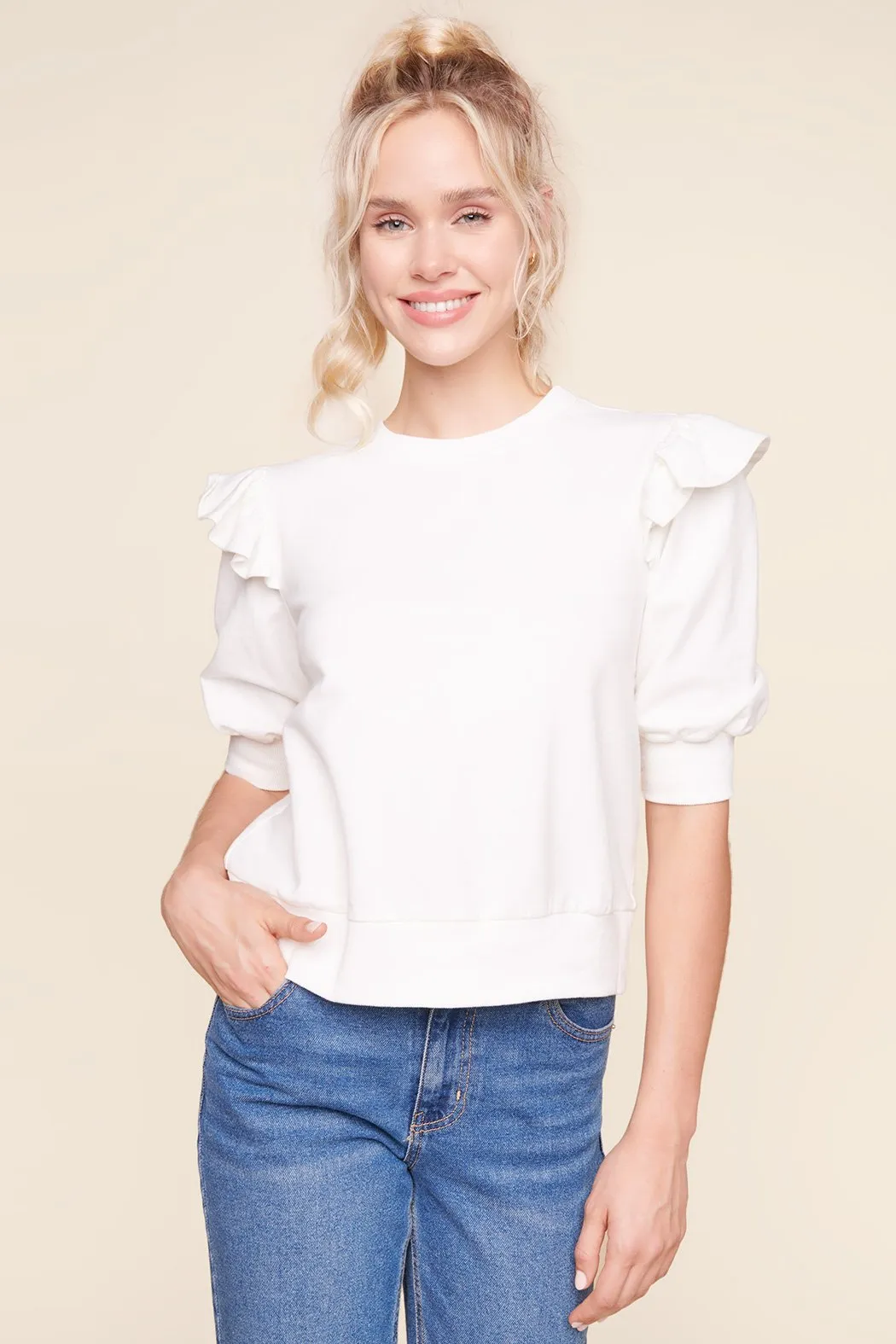 Winnie Ruffle Sleeve French Terry Knit Sweatshirt Top