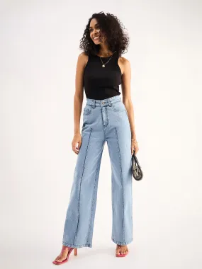 Women Blue High Waist Front Dart Straight Jeans