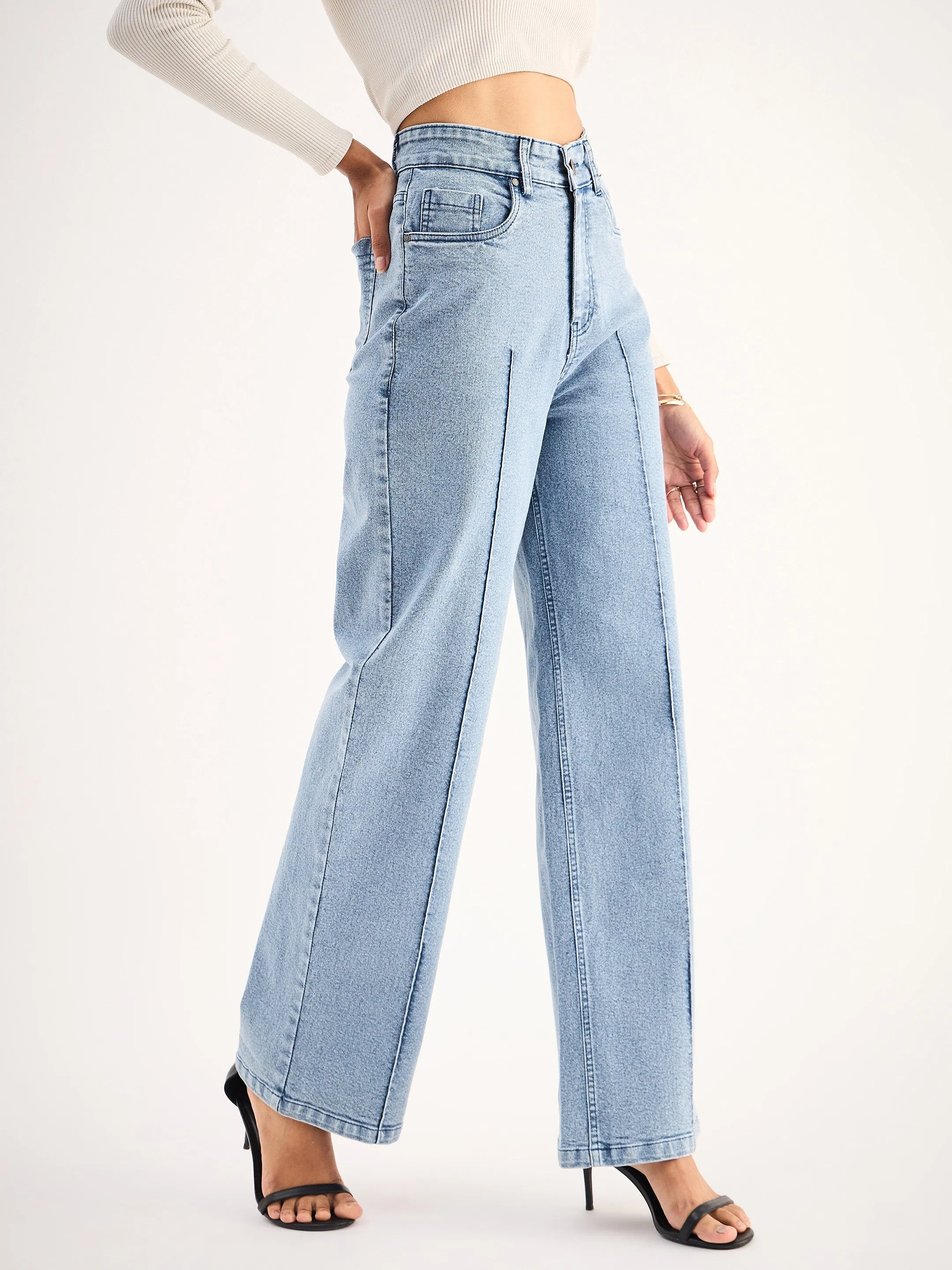 Women Blue High Waist Front Dart Straight Jeans