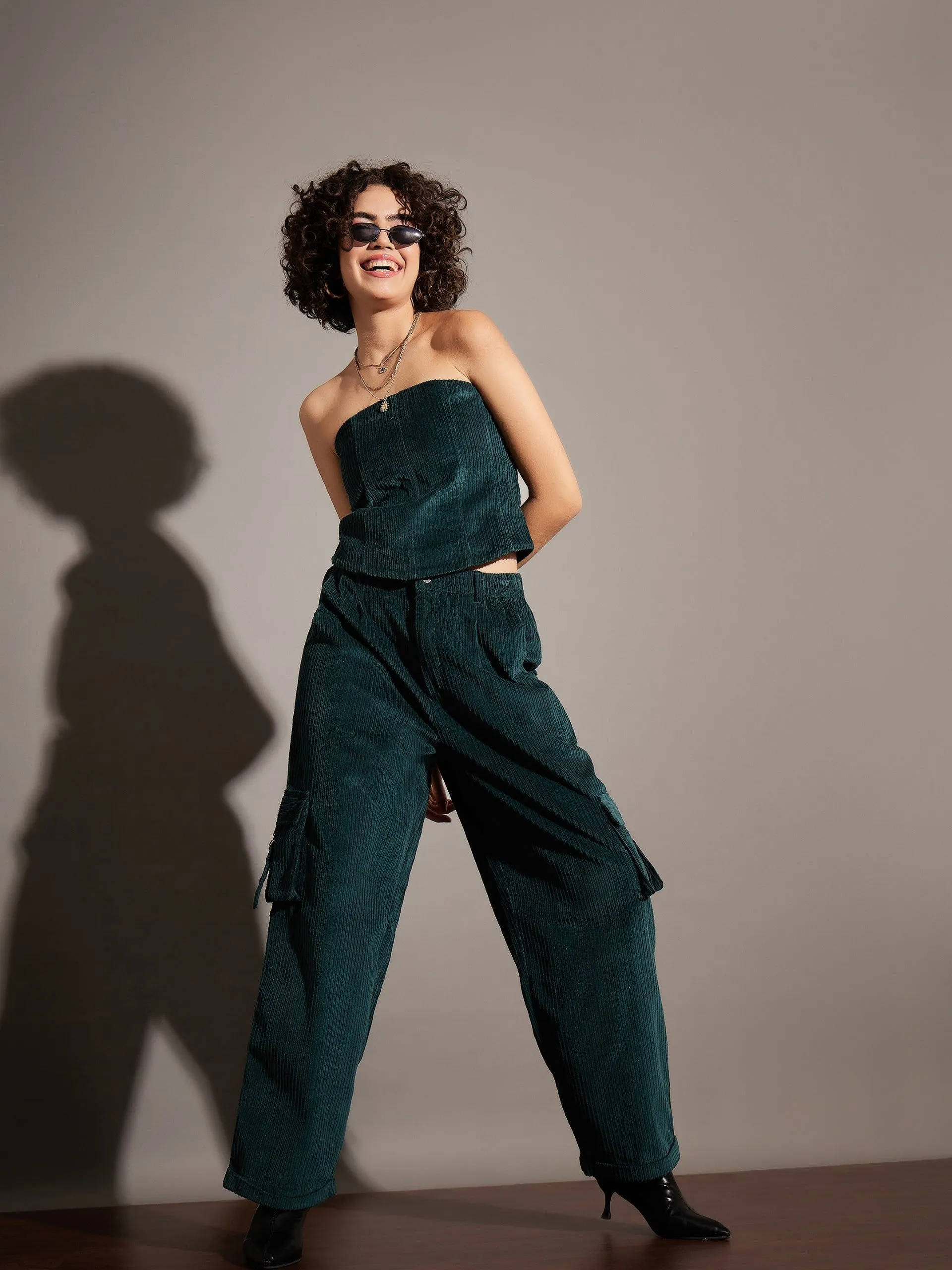 Women Emerald Corduroy Off Shoulder Crop Top