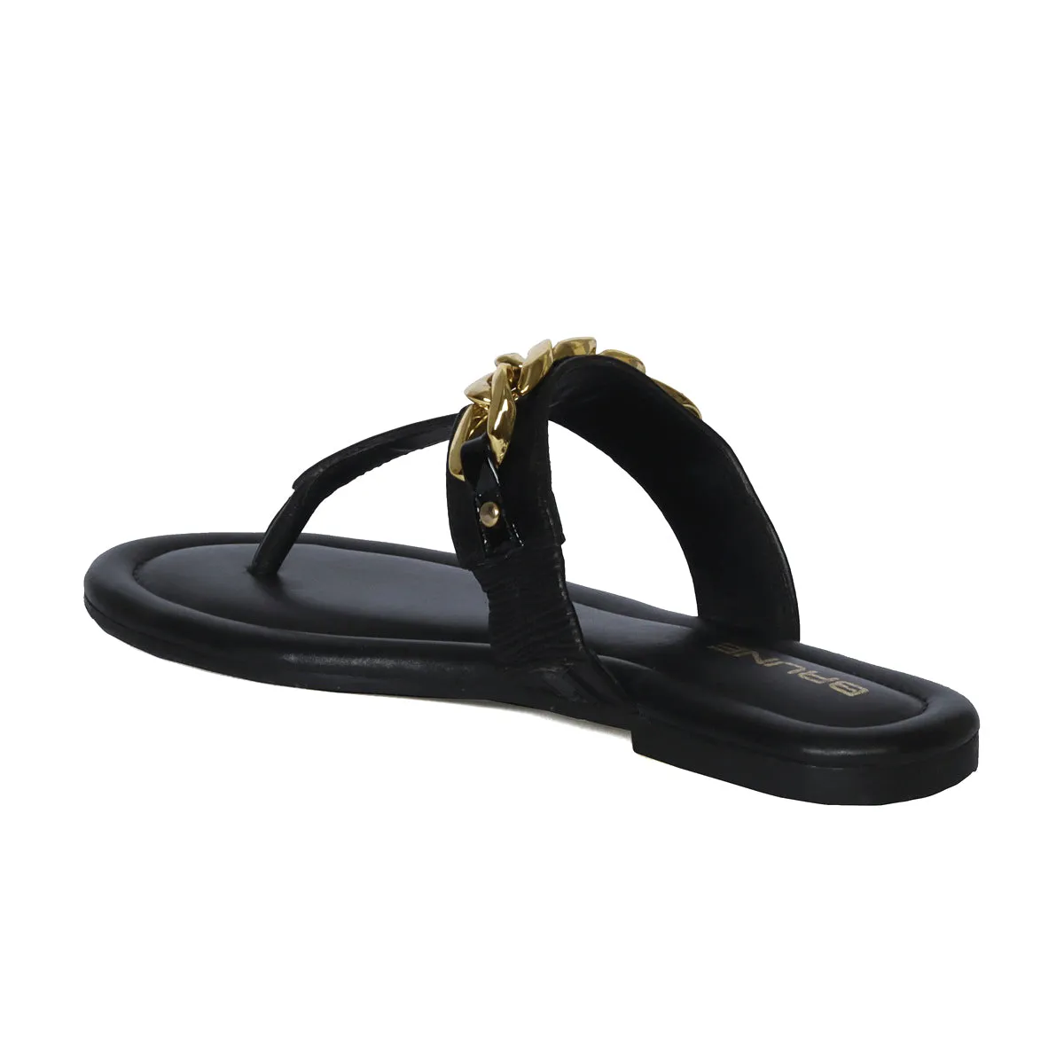 Women's Black Knotted Golden Chain Embellishment T-Strap Slippers