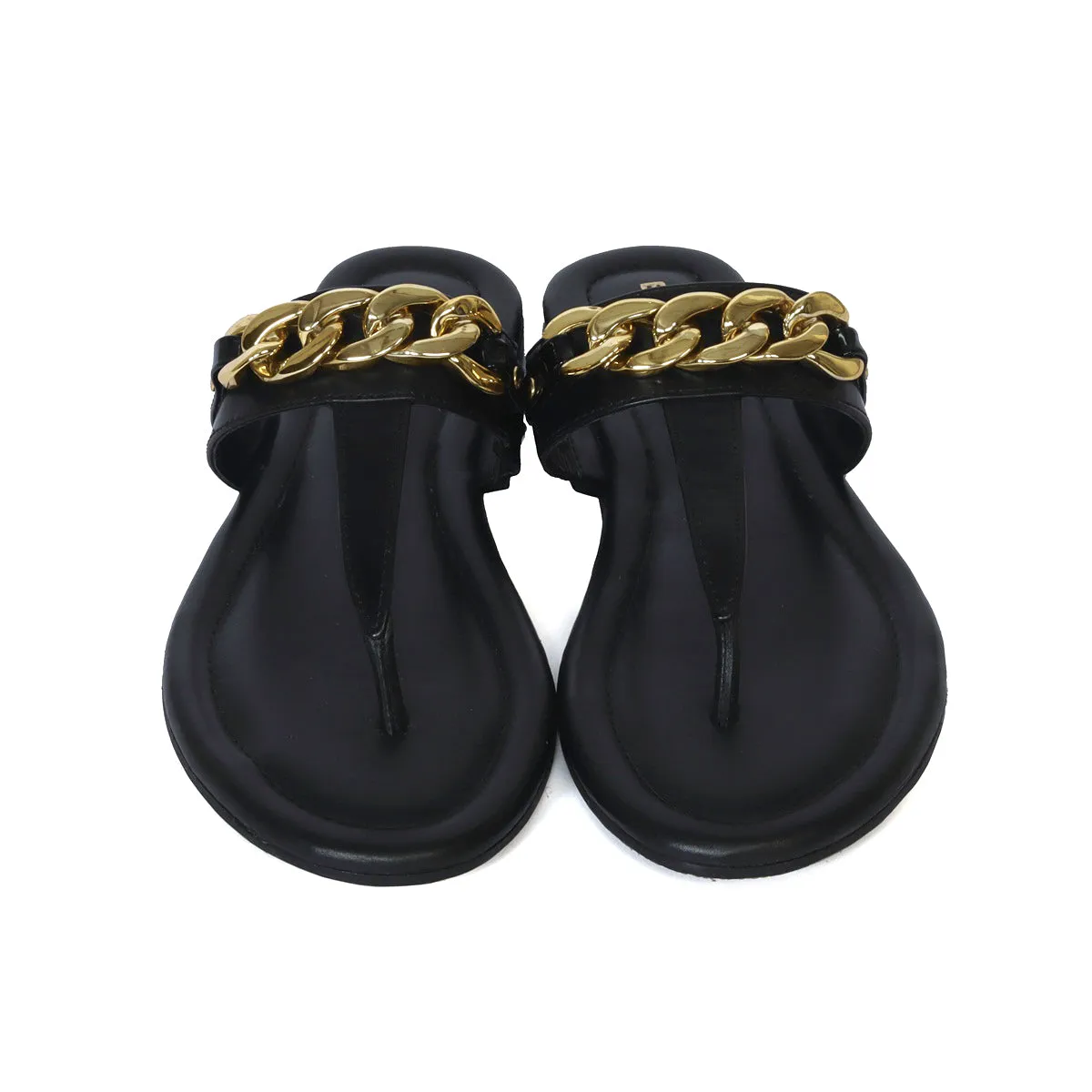 Women's Black Knotted Golden Chain Embellishment T-Strap Slippers