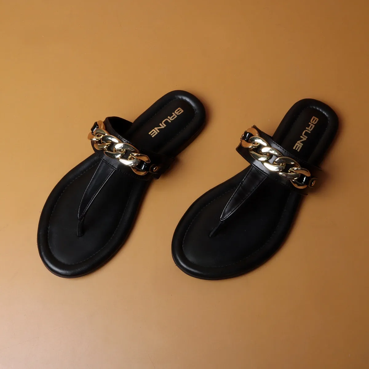 Women's Black Knotted Golden Chain Embellishment T-Strap Slippers