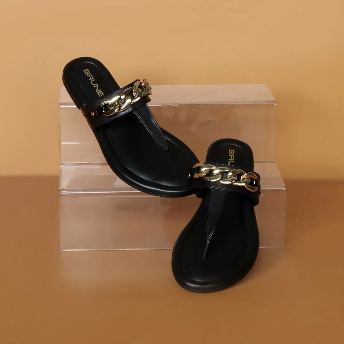 Women's Black Knotted Golden Chain Embellishment T-Strap Slippers